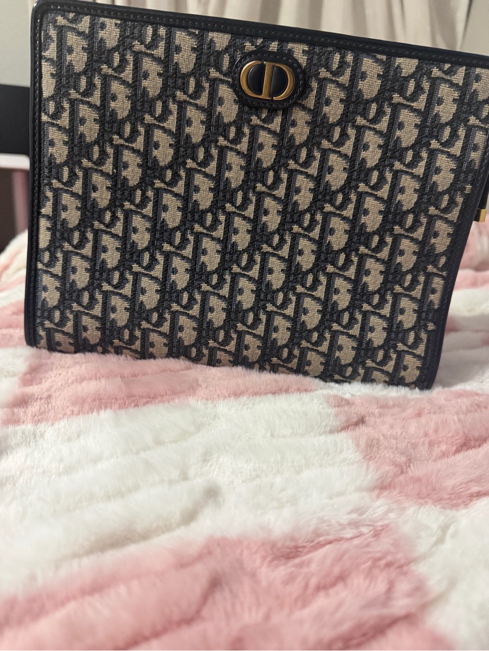 Dior Navy and Beige Logo Canvas Wristlet Clutch with Gold CD Emblem